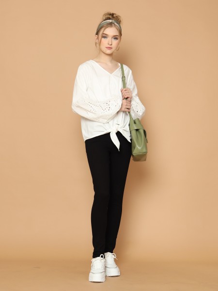 Embroidered Sleeves Tied Loose Top